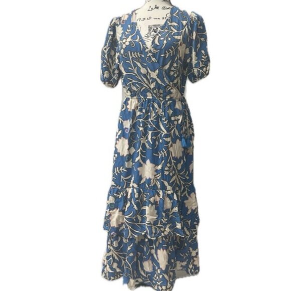 BLUE FLORAL RUFFLED WRAP MIDI DRESS BOHO CHIC SHORT SLEEVE  SZ M TRENDY - Picture 1 of 16